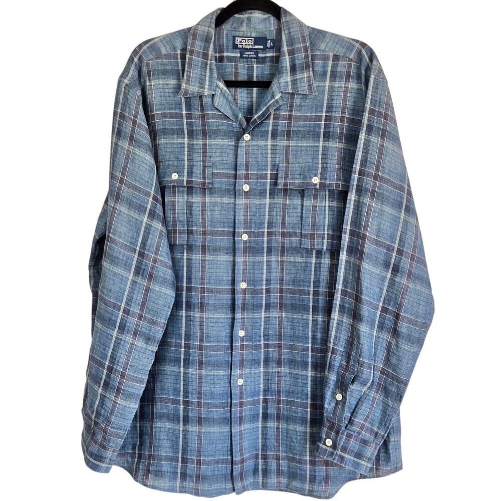 Vintage 90s Polo Ralph Lauren Blue Lander 100% Linen Plaid Camp Shirt Heritage L